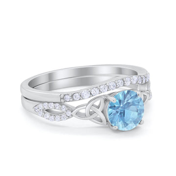 Celtic Wedding Ring Band Simulated Aquamarine CZ 925 Sterling Silver
